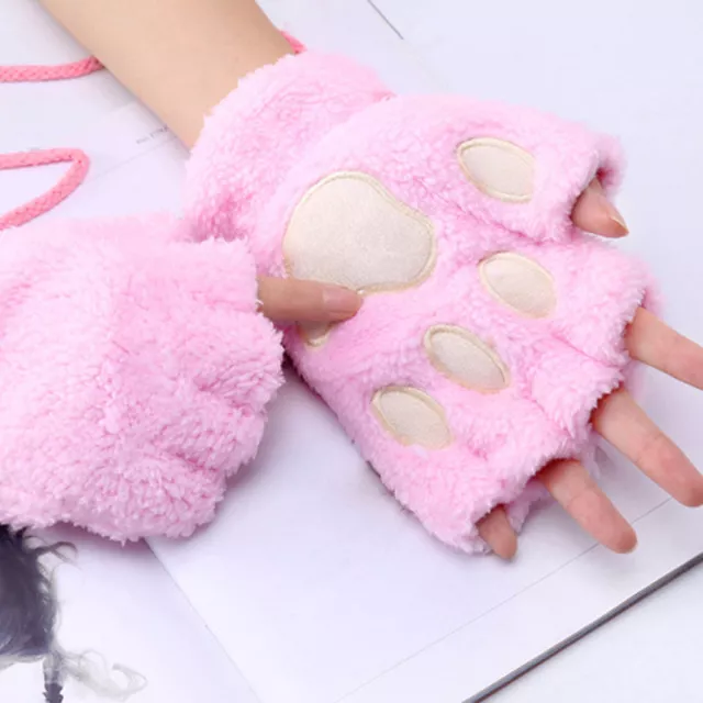 Women Girls Cat Claw Paw Plush Mittens Winter Warm Short Fingerless Gloves Sale 3