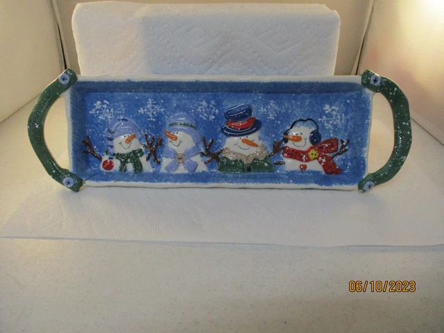 St Nicholas Square  Button Up Snowmen Cookie Treat Tray Platter Handled 16" x 4"