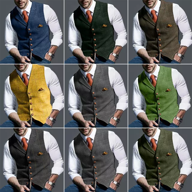 Men Retro Tweed Waistcoat Slim Fit Vest Wool Blend Formal Plaid Herringbone 1x