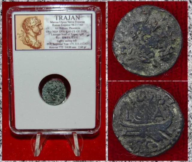 Ancient Roman Empire Coin TRAJAN Sailing War Galley Dora Phoenicia Mint!