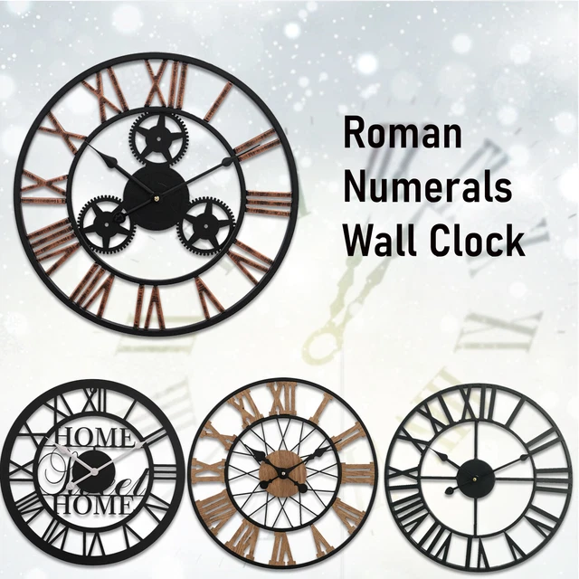 EXTRA LARGE ROMAN Numerals Wall Clock Skeleton Round Open Face Silent