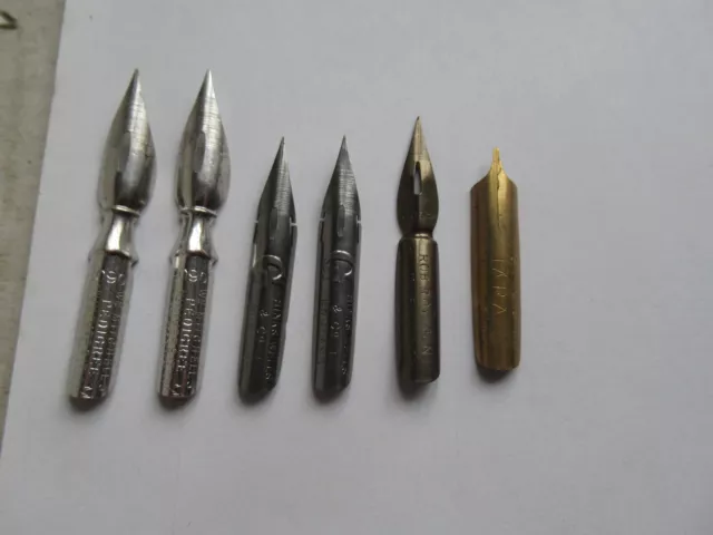 6 VINTAGE DIP PEN NIBS, Wm MITCHELL, HINKS WELLS, ROB ROY, BRITISH PENS 'TARA'.