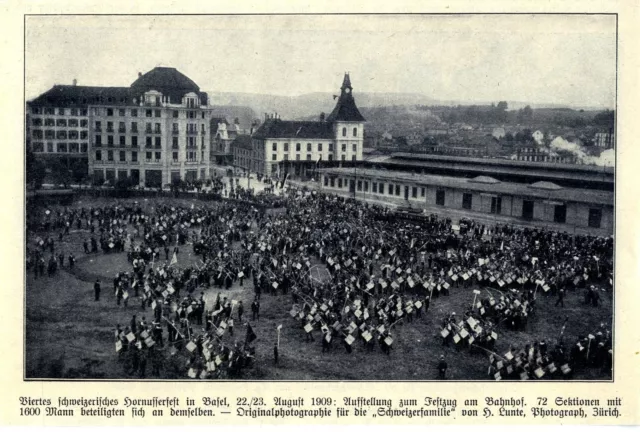 Viertes schweizerisches Hornusserfest Basel Aufstellung Festzug am Bahnhof 1909