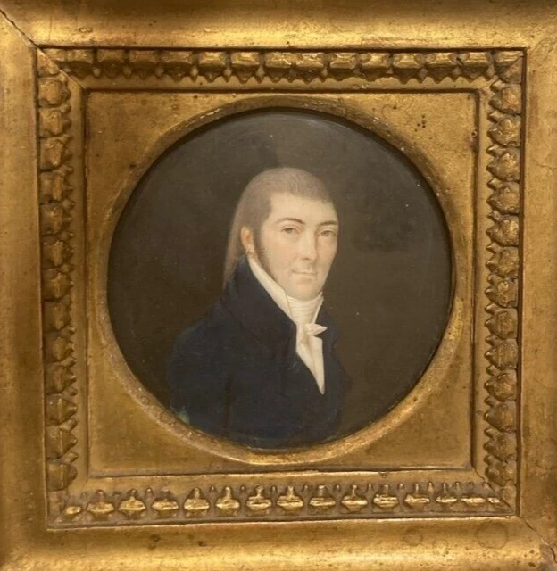 Antique Miniature Portrait Man Wood Rare Old 1805 Gouache Cardboard Glass Gilt