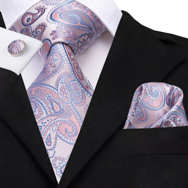 Mens Tie Black Green Blue Purple Striped Paisley Silk Necktie Hanky Cufflink Set