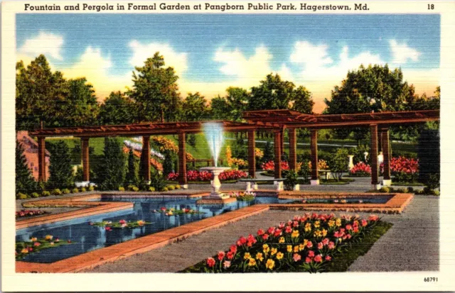 Postcard Maryland Hagerstown Fountain Pergola Formal Garden Pangborn Park B14