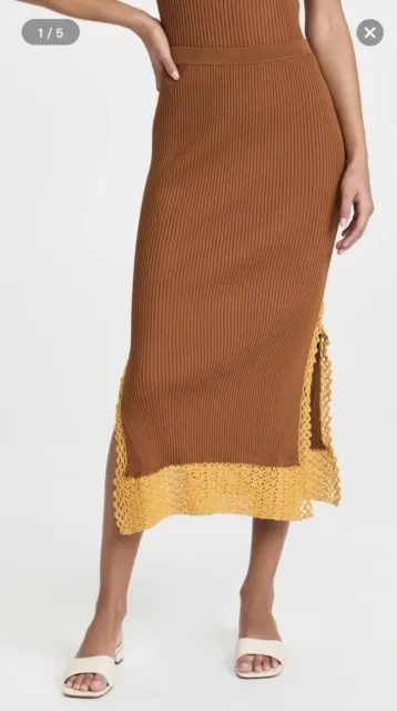 NWT STAUD Oceanside Ribbed Midi Skirt W/ Side Slits Crochet Trim in Brown Size M