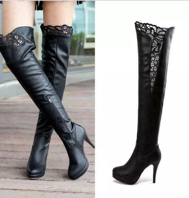 Womens Lace Platform High Stiletto Heel Over Knee Thigh Riding Boots Shoes Ladys