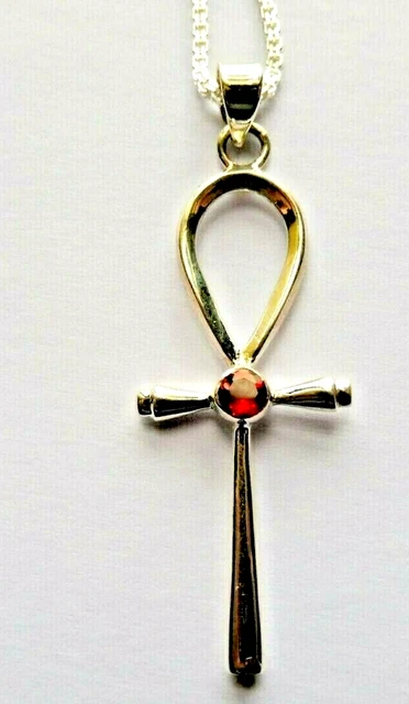 Pendentif Ankh égyptien En Argent Massif Avec Grenat - Chaîne Incluse 46cm