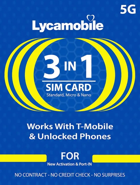 1 x Lycamobile Sim Cards 5G/4G LTE (3in1) Standard, Micro & Nano