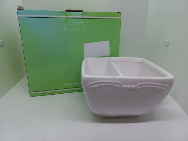 Avon 2 in 1 Double Snack mug- white glazed ceramic divided bowl with handle