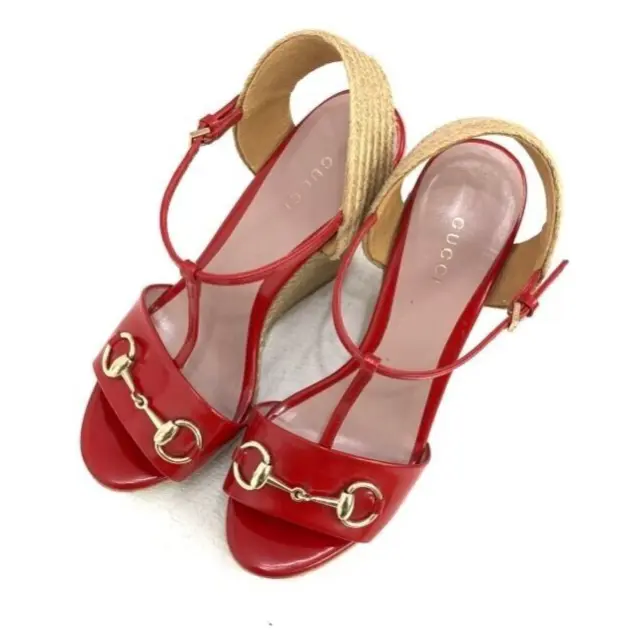 GUCCI's Horsebit Jute Wedge Sandals Red 37 US6.5 388354 Red Leather USED