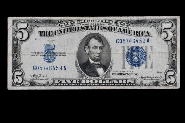 Tough $5 1934A Mule bp 827 blue seal Silver Certificate G05746459A series A