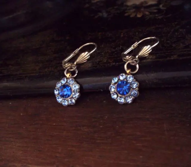 Vintage Sapphire Blue & Light Sapphire Crystal  Drop Pierced Earrings