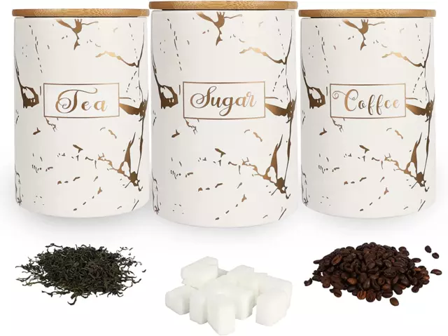 White Kitchen Ceramic Canister Sets,Airtight Set of 3 Coffee Sugar Tea Storage