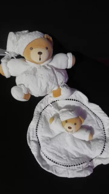 Lot 2 doudou peluche plat ours blanc rond Dragée broderies KALOO