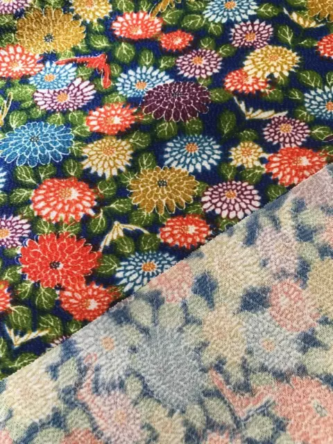 @@vintage Japanese kimono silk fabric/ smooth crepe/chrysanthemum, dark blue C48