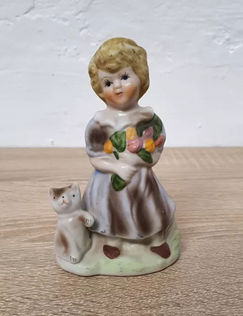 Figurine décorative en porcelaine fille avec chat fait main vintage