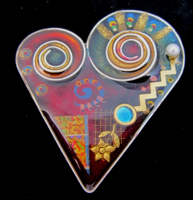 Artisan Heart Brooch Pin Epoxy Enamel & Genuine Pearl