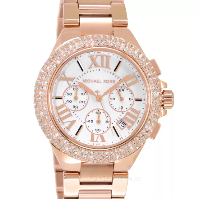 MICHAEL KORS Camille Womens Rose Gold Chronograph Glitz Watch, White Dial, Pave