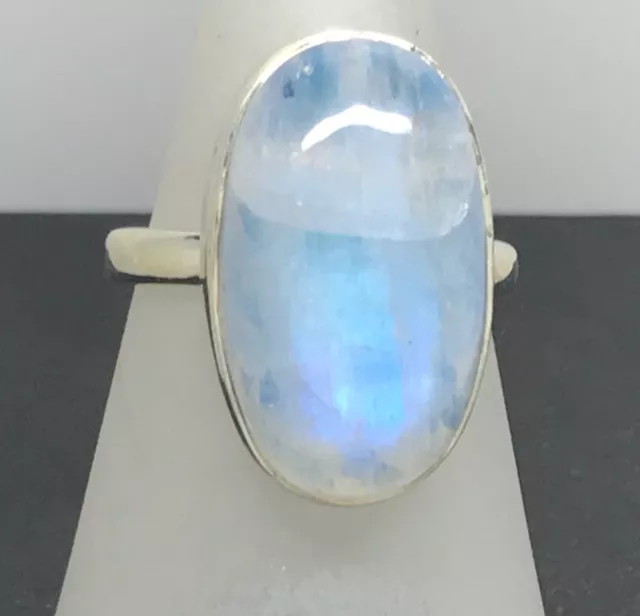 Blue Rainbow Moonstone ring size N 1/2 Solid Sterling silver Oval actual one