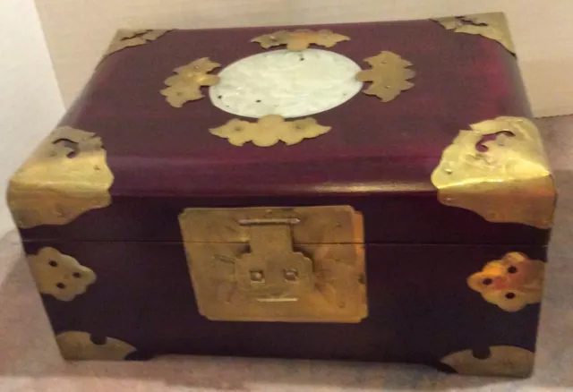 Vtg. Asian Wood & Brass Jewelry Box w/ Jade Like Inset Shanghai China Lock & Key