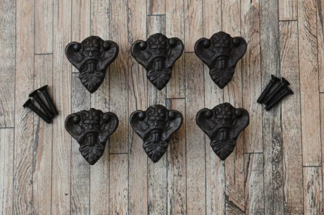6Pc Vtg Cast Iron Davil Face Drawer Cabinet Door Gate Farm Pulls Knobs Handles