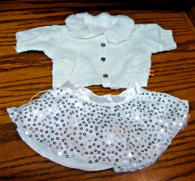 BUILD A BEAR White Sweater w/Faux Fur Collar & Buttons + White Sequin ...