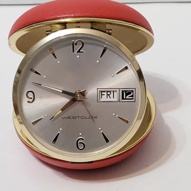Vintage Rare Westclox Round Travel Alarm Clock Day/Date Red Case WORKS
