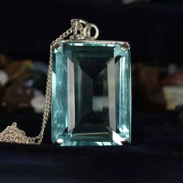 12ct Large Blue Aquamarine Gemstone 925 Sterling Silver Emerald Cut Pendant