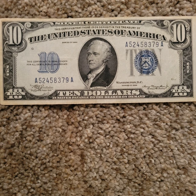 💎1934 $10 Ten Dollars Silver Certificate Blue Au Condition