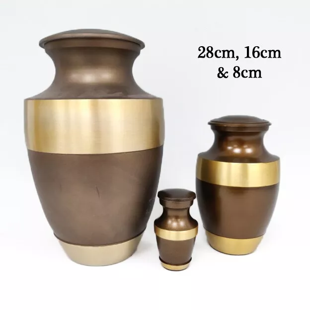 Brown & Gold Banded Metal Urn Human Pet Ashes Cremation Mini Keepsake Ash Crem