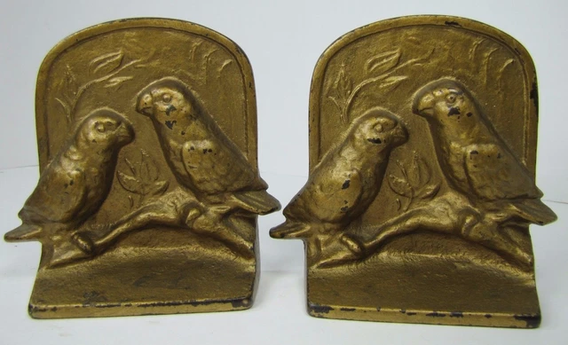 LOVE BIRDS Antique Cast Iron Bookends Pair Birds Sitting Branch Decorative Arts