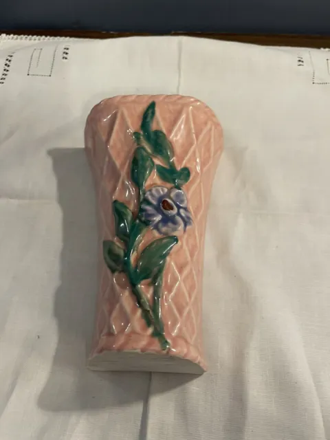 Morton Wall Pocket Vase Pottery Art Ceramic Pink Floral 7"L X 4 3/4"W Vintage