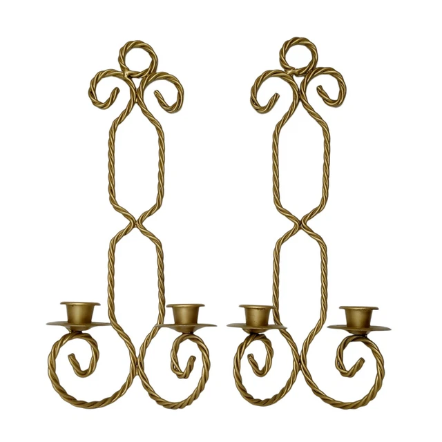 Vintage Set of 2 Brushed Brass Twisted Metal Double Candle Holder Wall Sconce