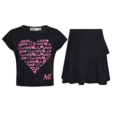 Kids Girls Tops New Love Black Crop Top & Double Layer Skater Skirt Set 7-13 Yrs