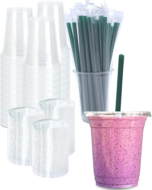 [100 SETS] 12 oz Clear Plastic Cups with Lids and STRAWS Disposable