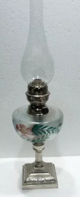 Bonita Lámpara Petróleo Antigua S.XIX Bicone de Vidrio Esmaltados Deco Flores