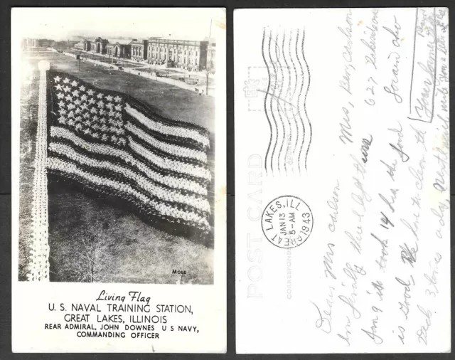 1943 Patriotic Postcard - Living Flag - Great Lakes Naval Training - Illinois