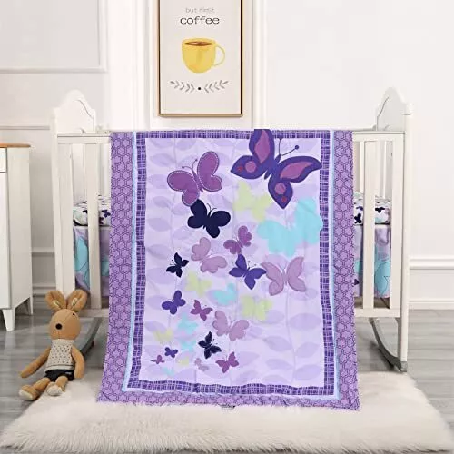 Crib Bedding Set Purple, Premium 3-Piece Baby Bedding Set Butterfly,
