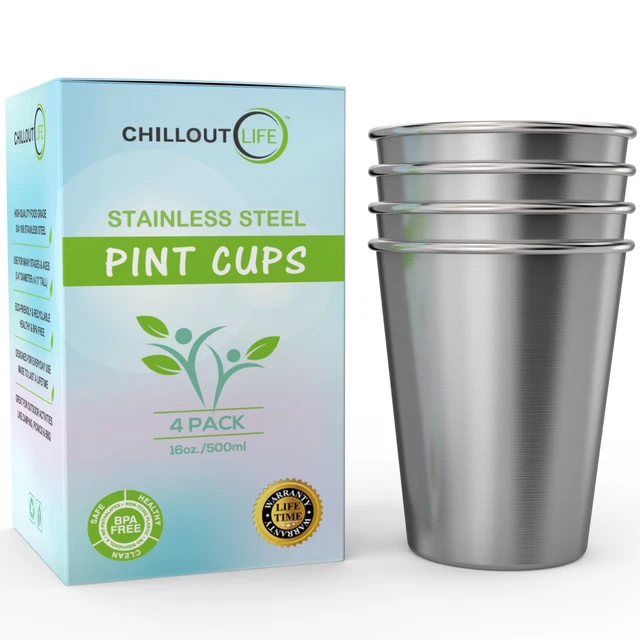 Stainless Steel Pint Cups Water Tumblers 16 oz - Unbreakable, BPA Free (4-Pack)