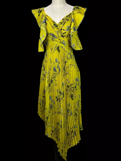 Self Portrait Yellow Pleated Floral Print Dress Size 2 NWT $580