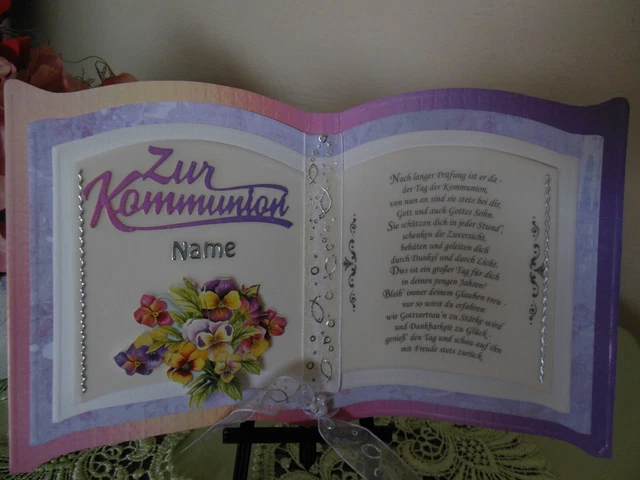 Glückwunschkarte zur Kommunion, mit Vornamen, Unisex, Buchkarte, Handarbeit