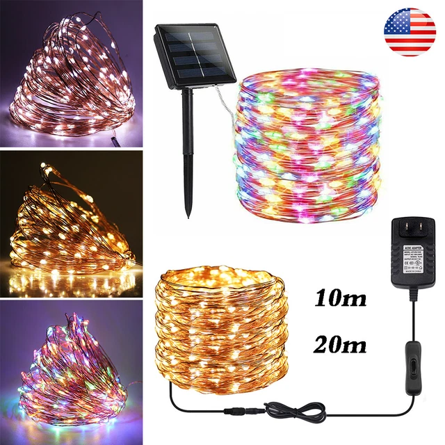 Solar Powered LED Outdoor String Fairy Lights Wire Waterproof 10M 20M US Plug in