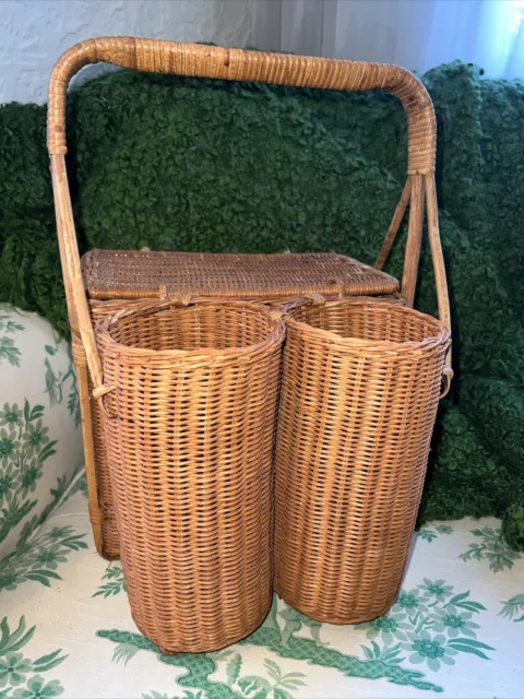 Vintage 1960’s Camping Wicker Picnic Basket with Double Wine Bottle Holder MCM