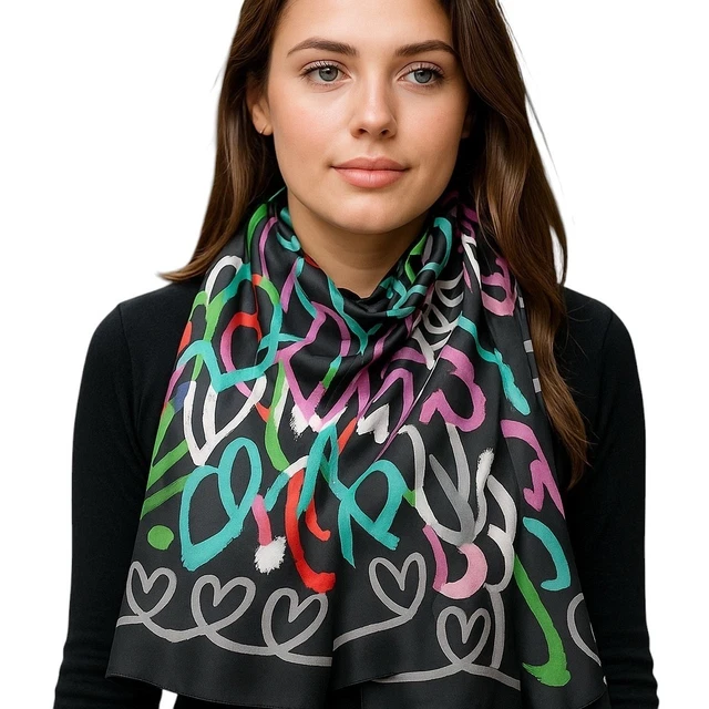 Écharpe En Soie Et Polyester Motif Cœurs Colorés - Élégante Et Douce - Pour Femme - Couleur Taupe