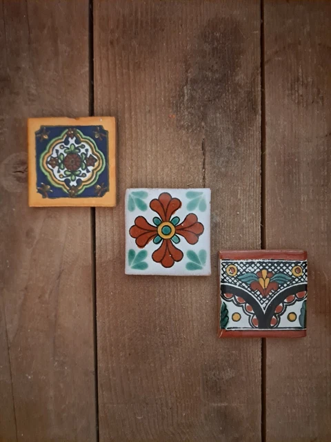 Mexican Talavera Tiles Handmade Ceramic 2x2 Frig Magnets ~Lot Of 3 Colorful~