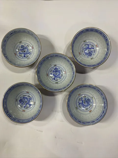 5 Rice Bowls Jingdezhen Blue and White Porcelain Chinese Dragon bowl Rice Eyes