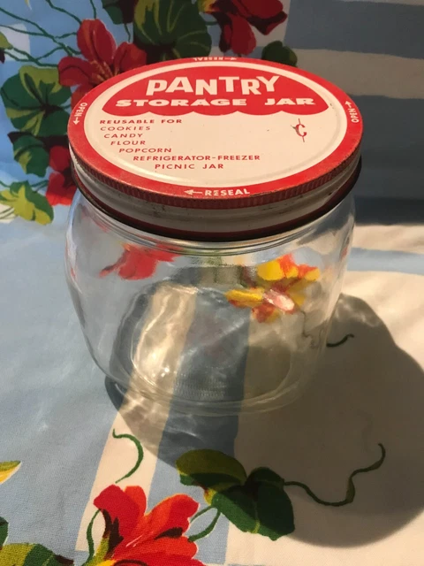 Vintage Hazel Atlas Farmhouse HOOSIER Pantry STORAGE JAR 1 1/2 qt. RED WHITE LID