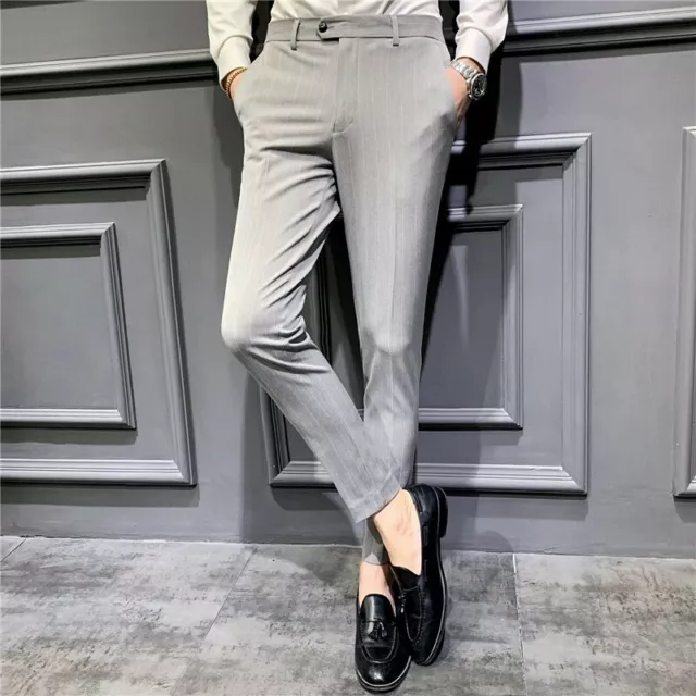Korean Mens Slim Fit Striped Trousers Business Formal Pants High waist British L